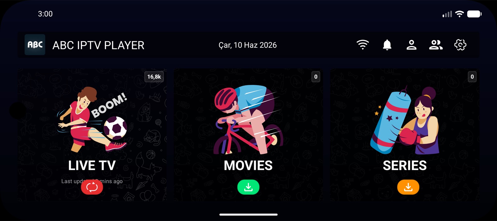 الشاشة الرئيسية لتطبيق ABC IPTV Player تعرض أقسام البث المباشر والأفلام والمسلسلات بعد تسجيل الدخول