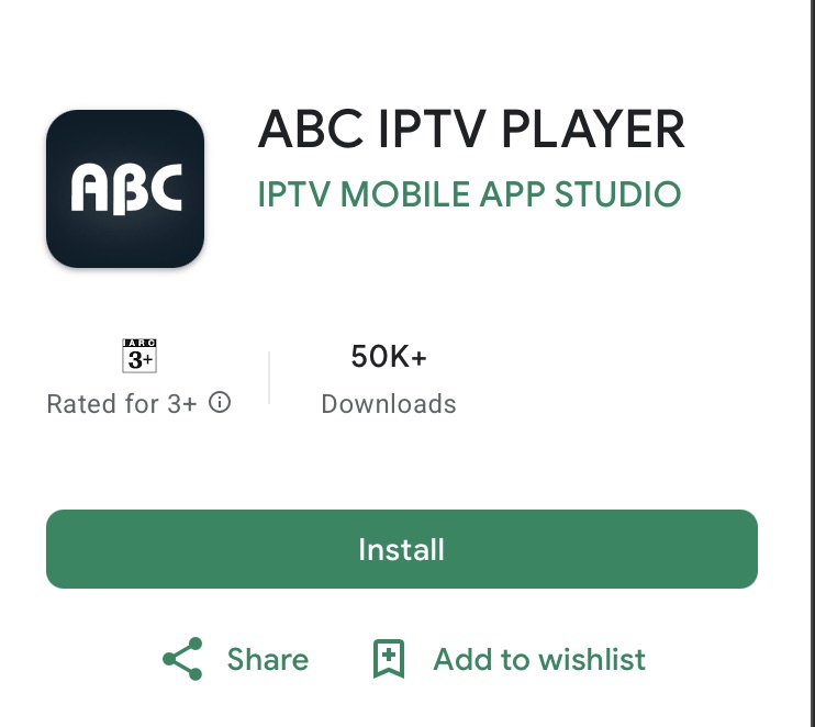 صفحة تطبيق ABC IPTV Player في متجر Google Play مع زر التثبيت