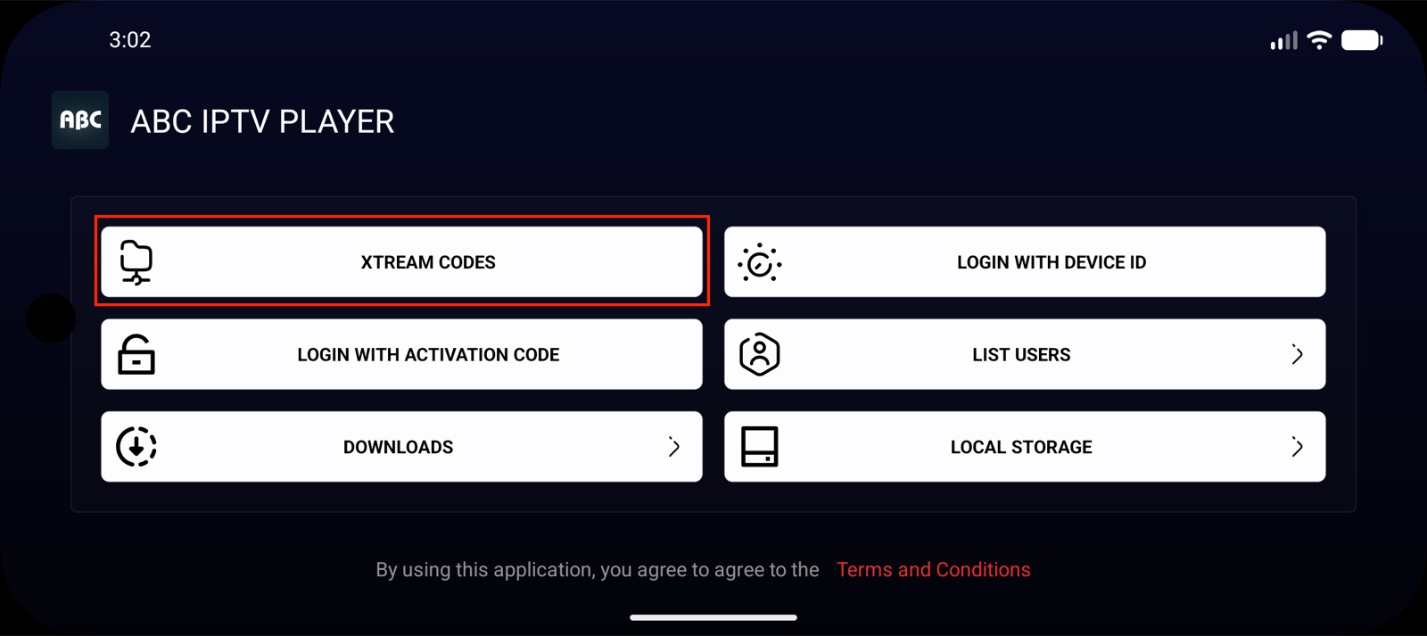 شاشة تطبيق ABC IPTV Player مع خيار XTREAM CODES محدّدًا لتسجيل الدخول
